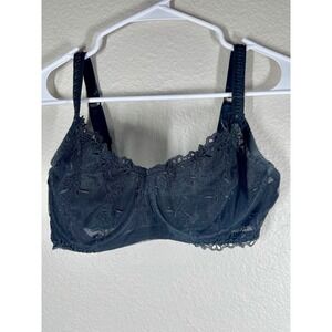 Felina Lace Overlay Bra Sheer Unlined Floral Embroidery Black 34DDD